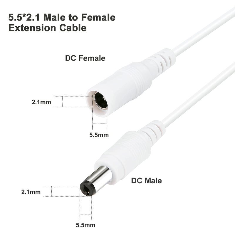 WILDHD DC Power Extension Cable, 33ft 2Pack 2.1mmx5.5mm DC Plug Power Supply Adapter Extension Cord 20AWG Power Cord Compatible with 12V,24V Wireless CCTV IP Security Camera,Led Strip Lights(2pcs White) - Image 2